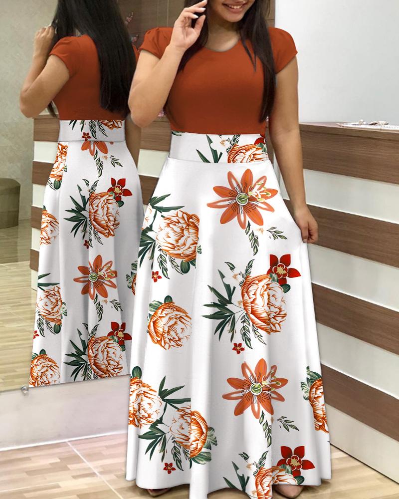 

Plus Size Contrast Tropical Print Round Neck Maxi Dress, Multicolor