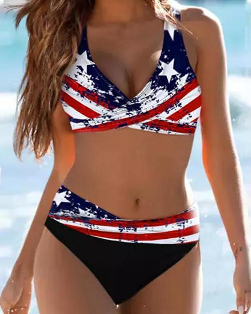 

American Flag Print Crisscross Bikini Set, Multicolor