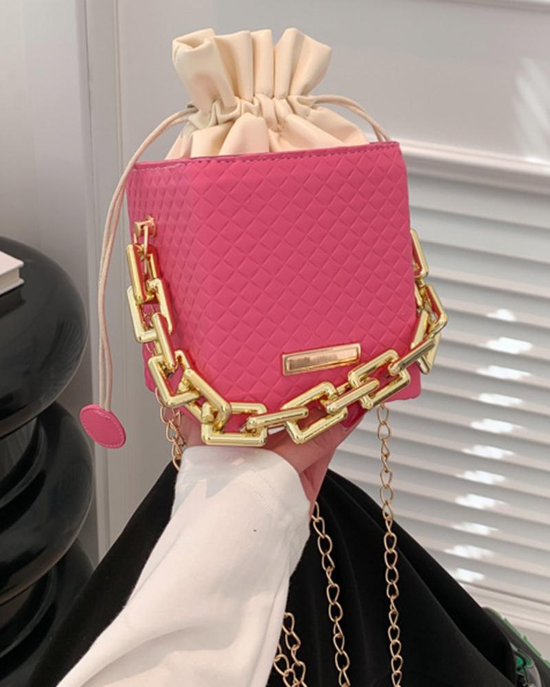 

Chain Strap Drawstring Bucket Crossbody Handbag, Pink