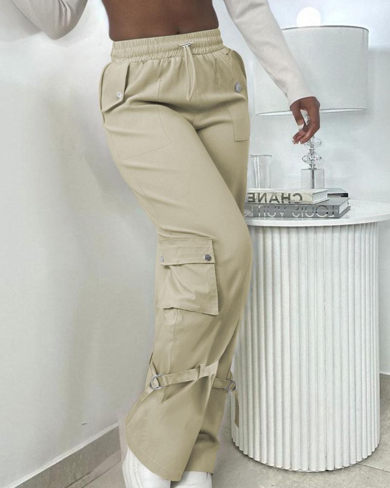 

Snap Button Buckled Drawstring Cargo Pants, Apricot