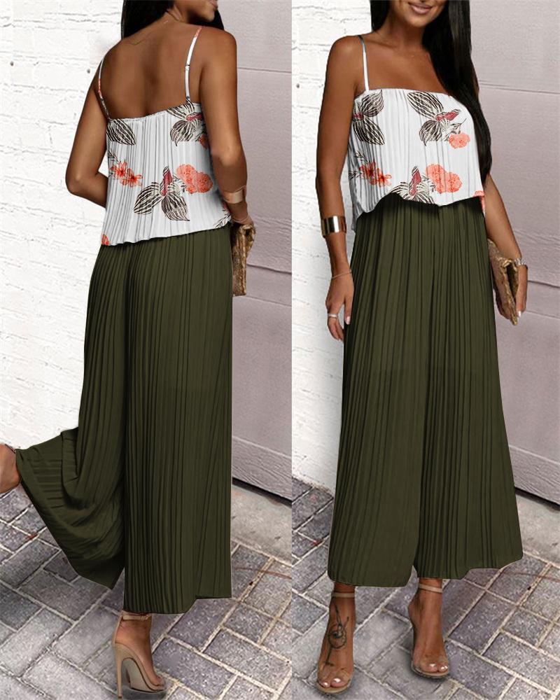 

Floral Print Ruffle Hem Pleated Wide Leg Jumpsuit, Green