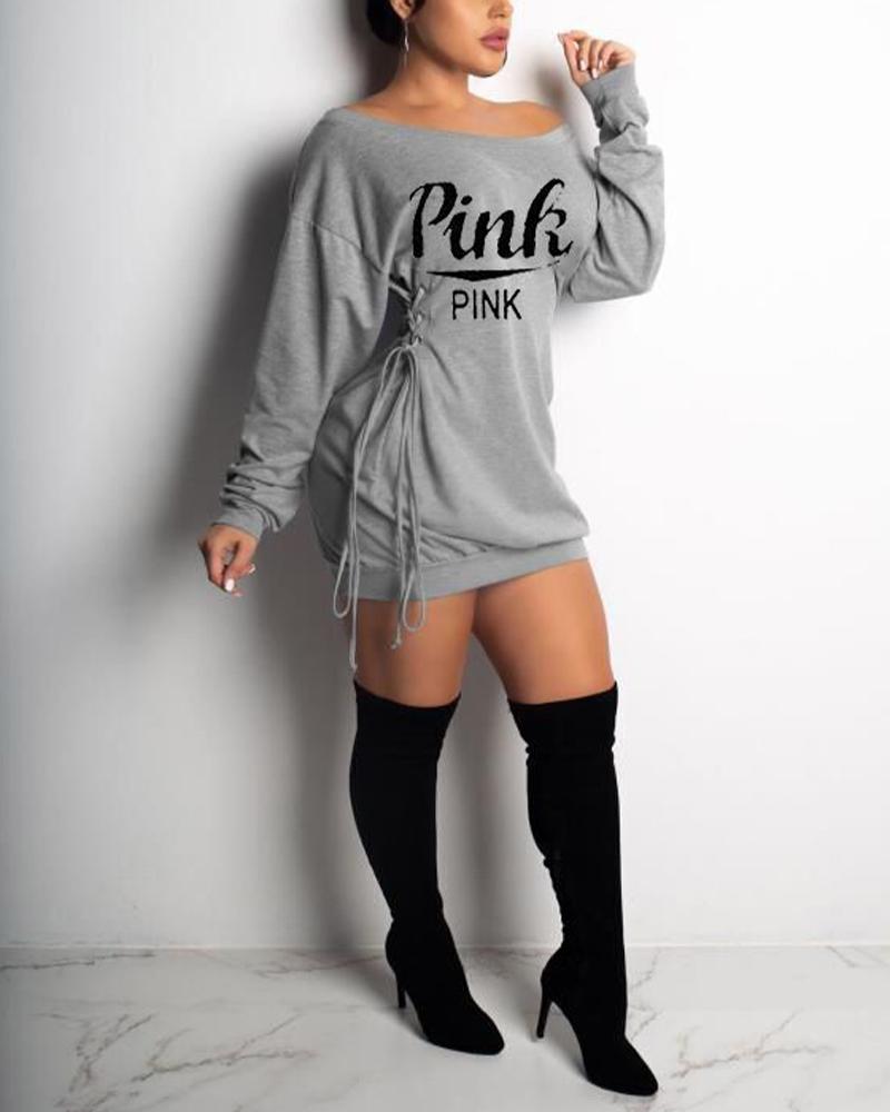 

Letter Print Lace-Up Long Sleeve Sweatshirt Dress, Gray