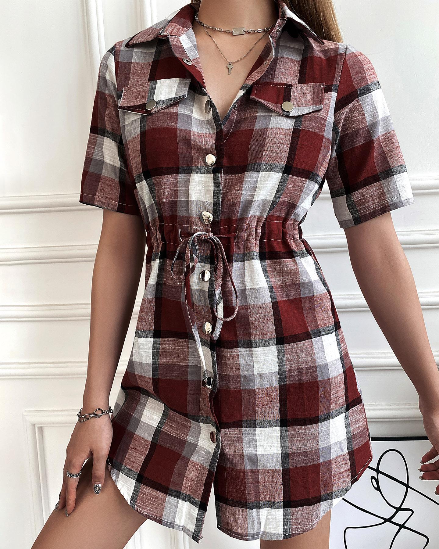 Plaid Print Drawstring Buttoned Shirt Dress