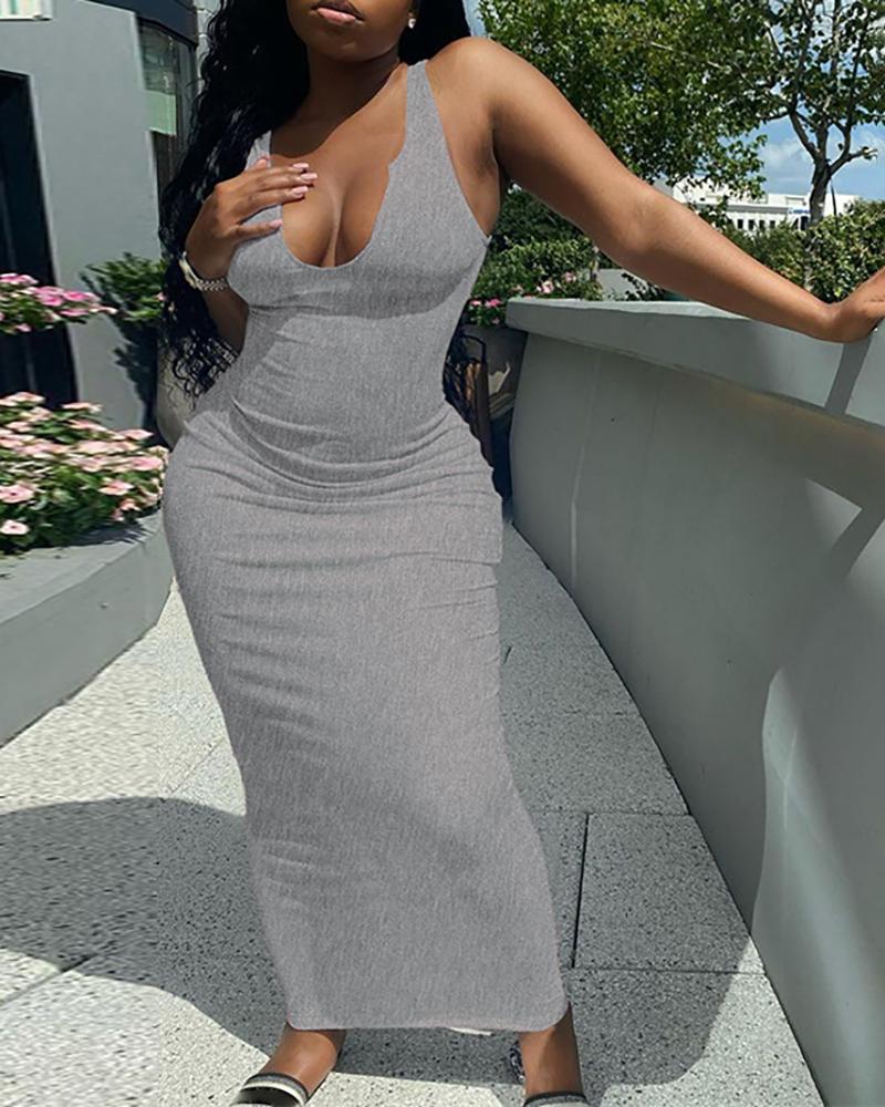 

U Neck Sleeveless Skinny Maxi Dress, Gray