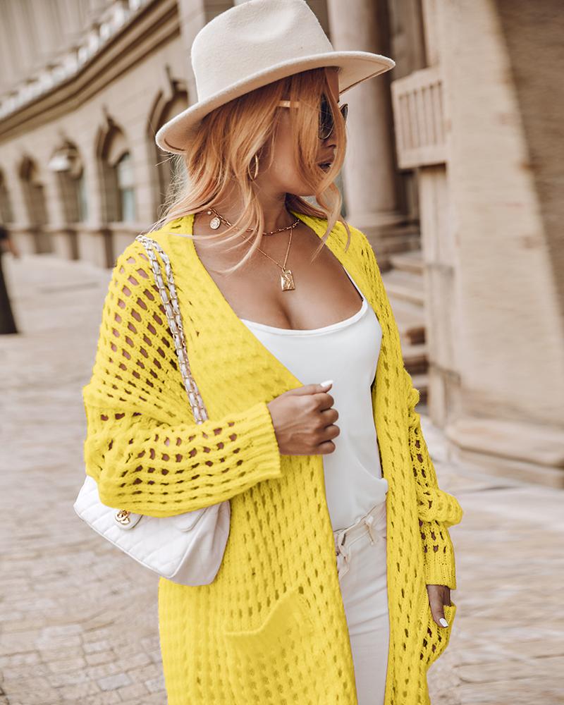 

Hollow Out Pocket Design Longline Cardigan, Yellow