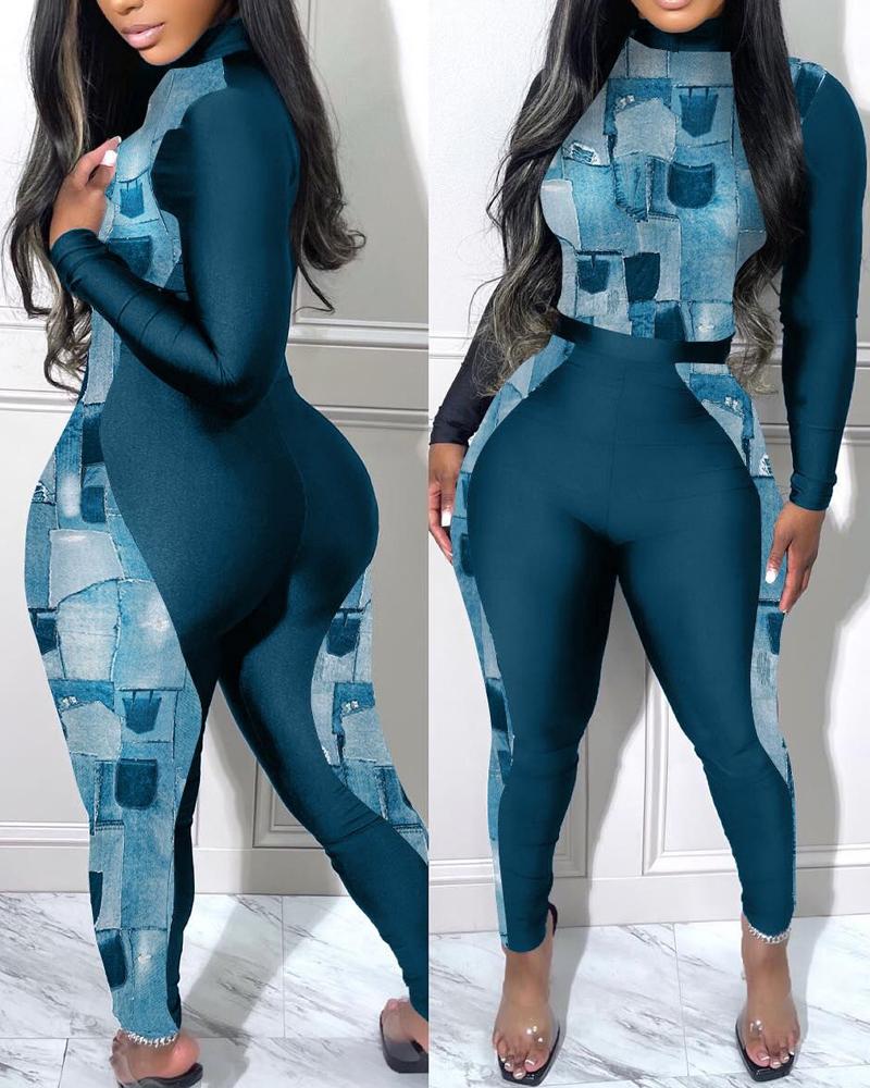 

Plus Size Denim Look Print Long Sleeve Jumpsuit, Blue