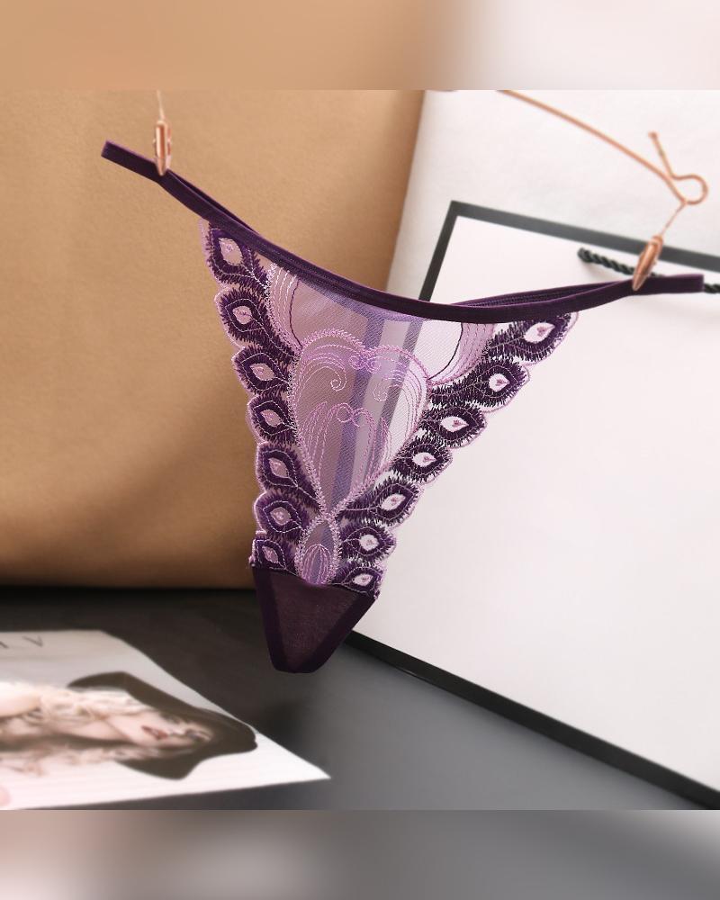 

Sexy See-through Splicing Feather Embroidery Skinny Thong Panties, Purple