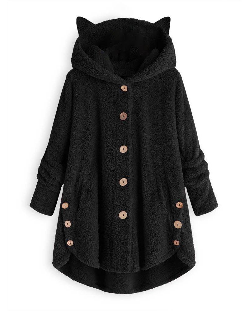 

Long Sleeve Button Design 3D Cat Hooded Teddy Coat, Black