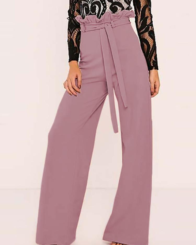 

Stylish Plain Belted Wide Leg Pants, Pink