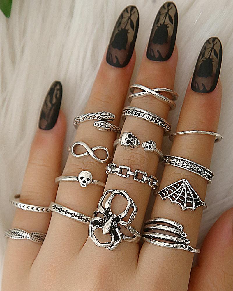 

15pcs Halloween Skull Spider Snake Criss Cross Hollow Rings Set, Silver