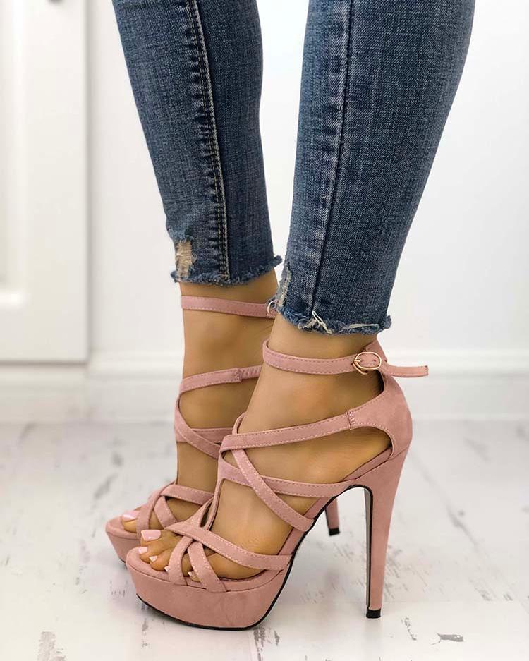 

Multi-strap Buckle Platform Thin High-heeled Sandals, Pink