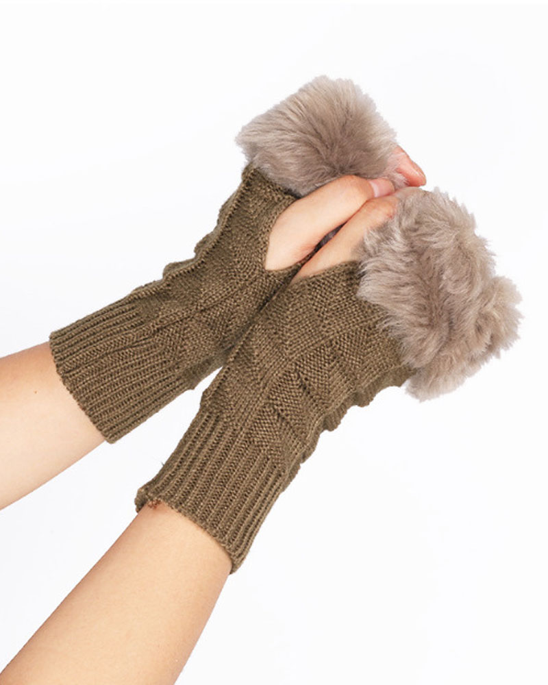 

Christmas Fuzzy Trim Knit Fingerless Gloves, Khaki