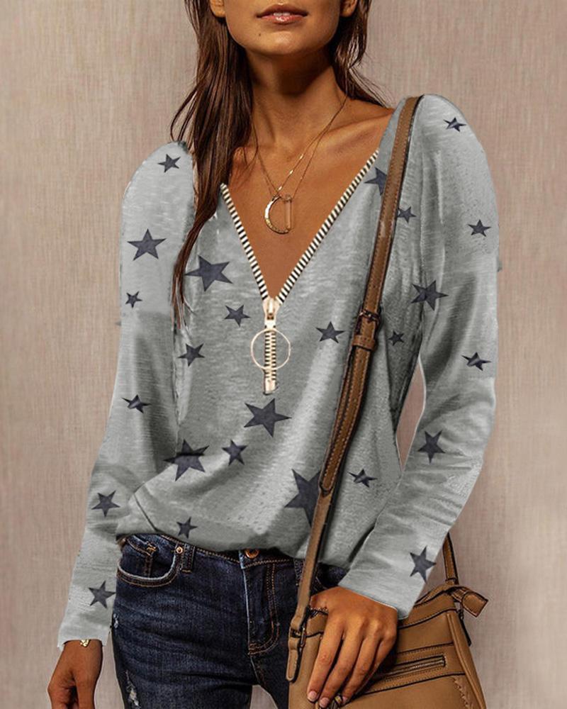 

Star Print Long Sleeve Zip Front Top, Gray