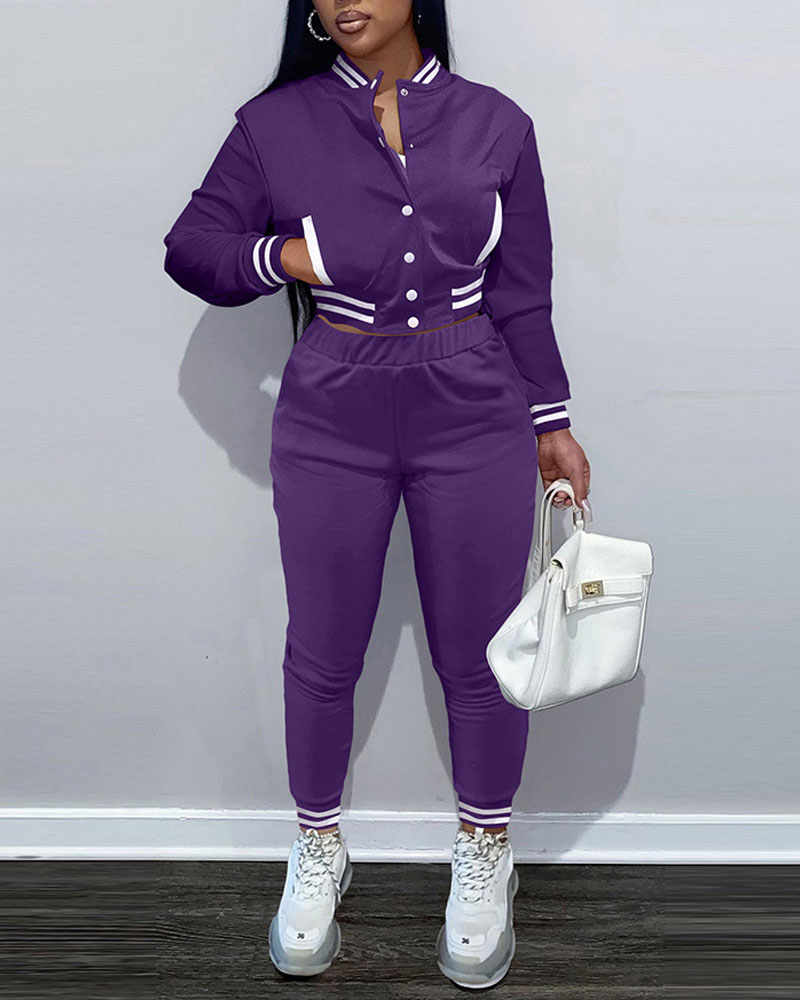 

Striped Trim Button Front Bomber Jacket & Pants Set, Purple