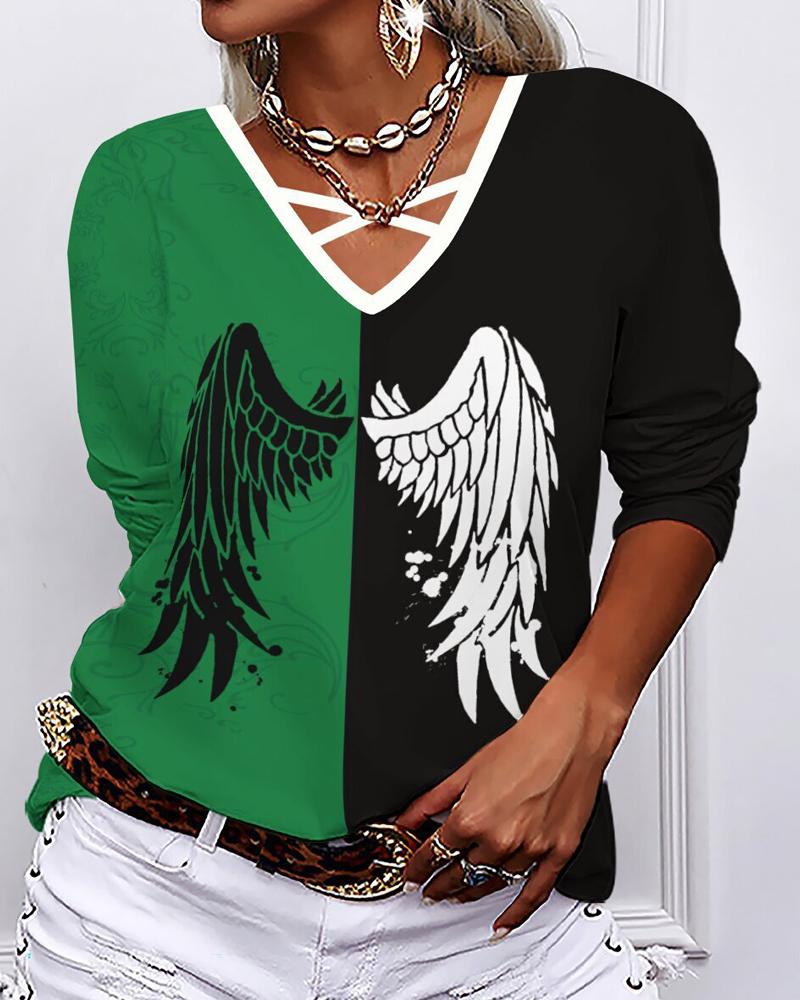 

Christmas Wing Print Colorblock Long Sleeve Top, Green