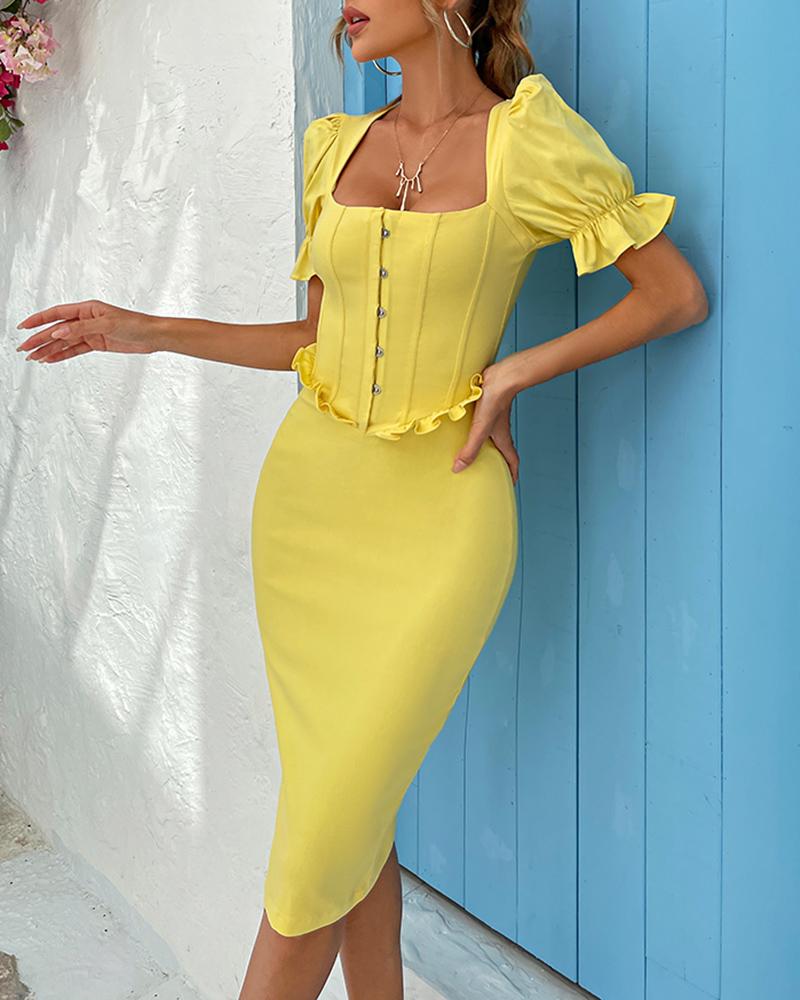 

Pastel Puff Sleeve Buttoned Corset Midi Dress, Yellow