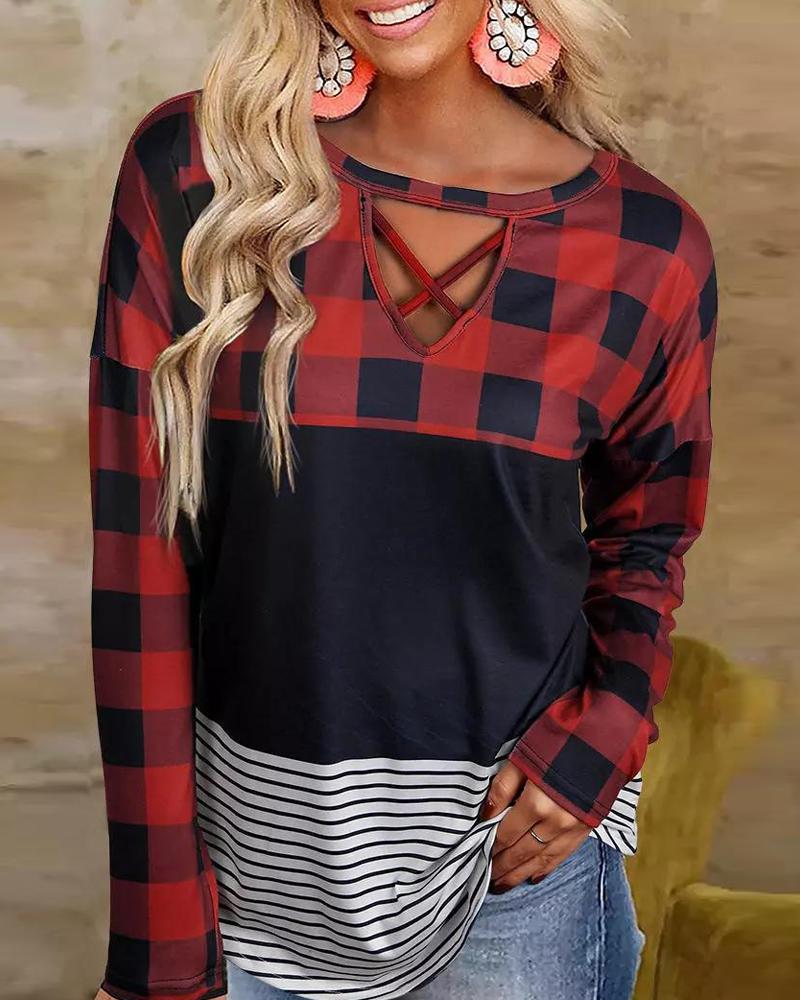 

Striped Plaid Print Colorblock Long Sleeve Top, Red