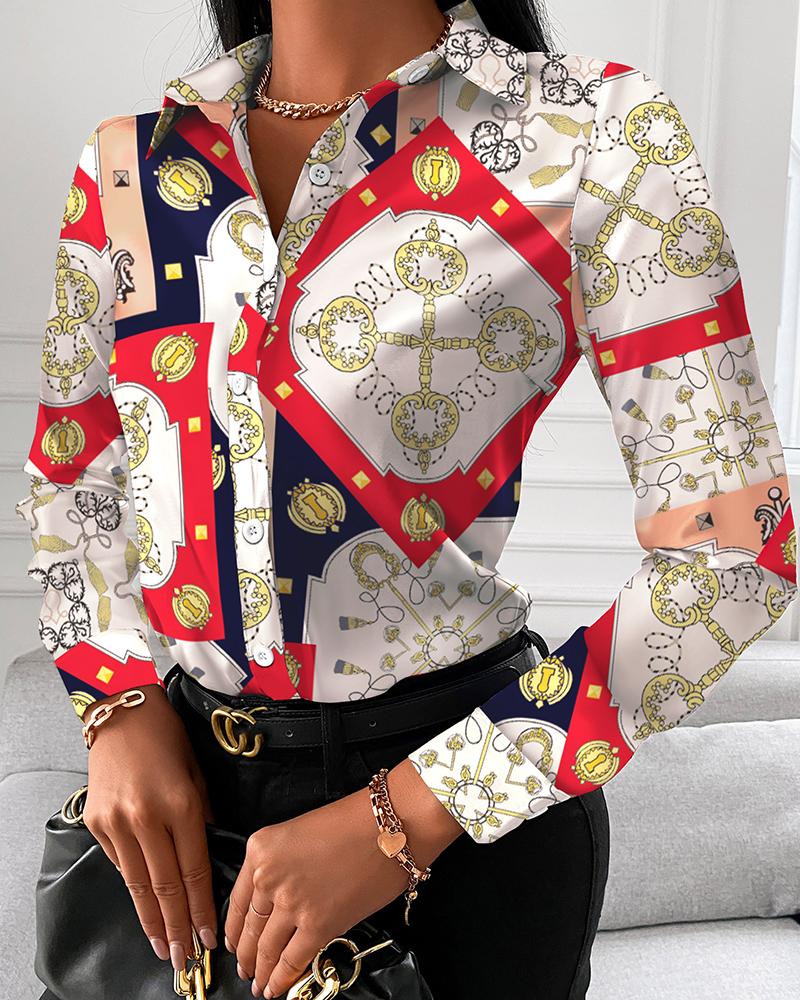 

Scarf Print Button Up Long Sleeve Shirt, Red