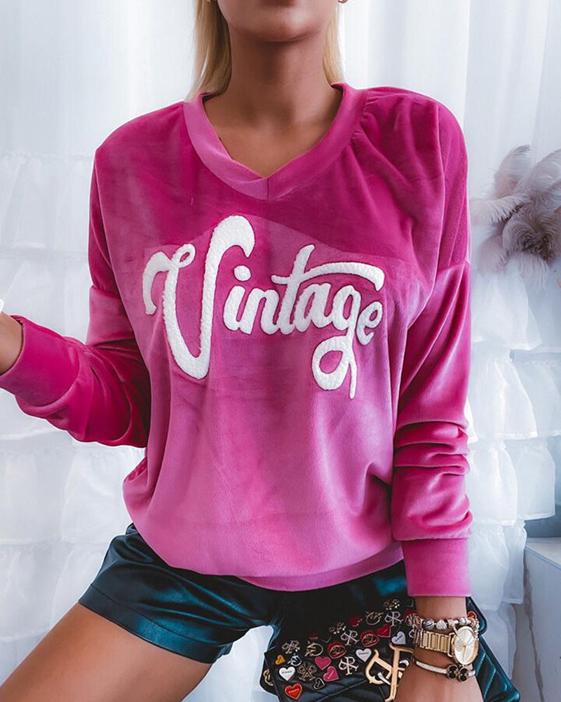 

Fluffy Letter Pattern Velvet Long Sleeve Top, Hot pink