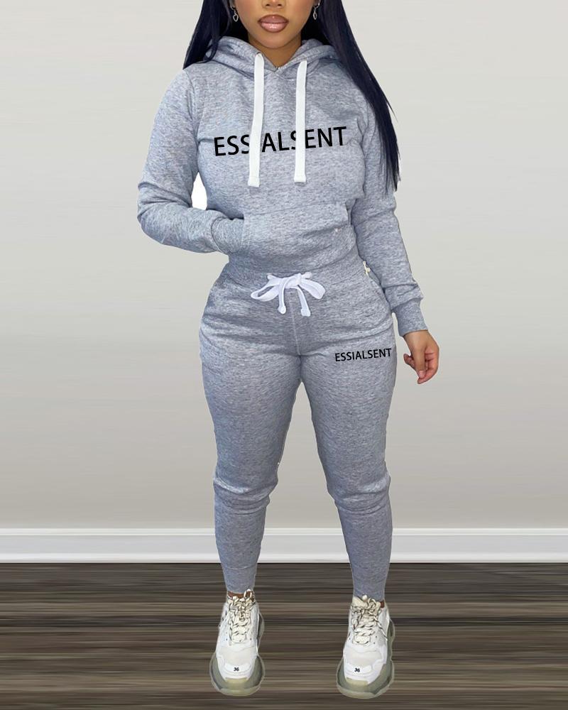 

Letter Print Long Sleeve Casual Hoodie & Pants Set, Gray