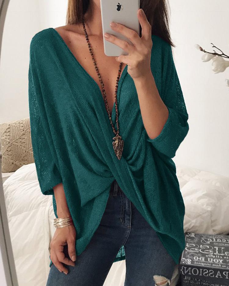 

Twisted V Neck Batwing Sleeve Blouse, Green