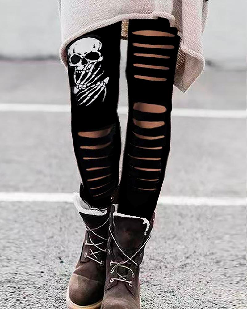 

Halloween Scary Skull Print Ladder Cutout Skinny Leggings, Black