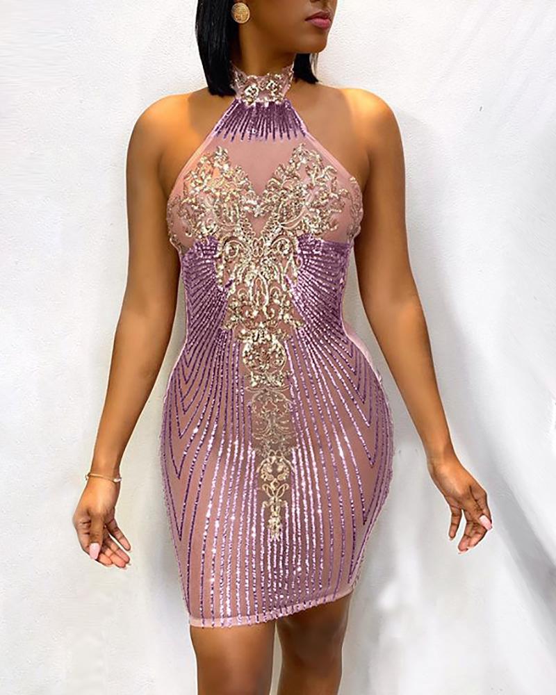 

Glitter Backless Sleeveless Paisley Print Sequins Dress, Purple