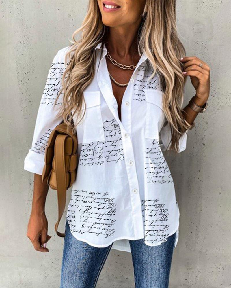 

Letter Print Pocket Detail Button Down Shirt, White