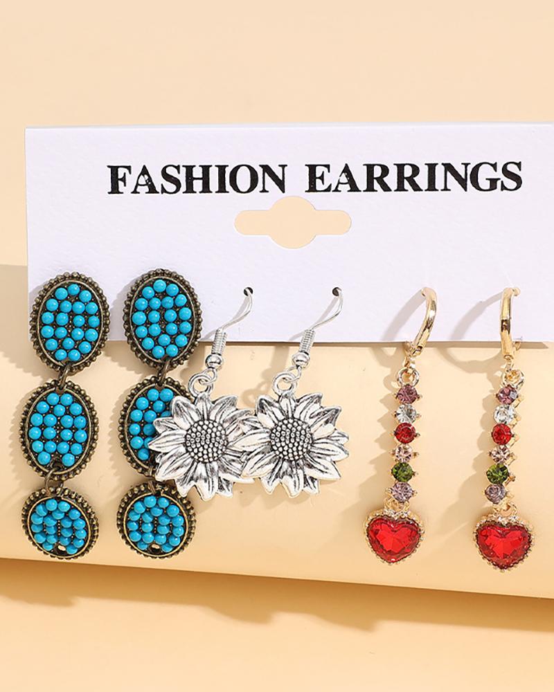 

3Pair Bohemian National Style Geometric Sunflower Heart Earrings, Blue