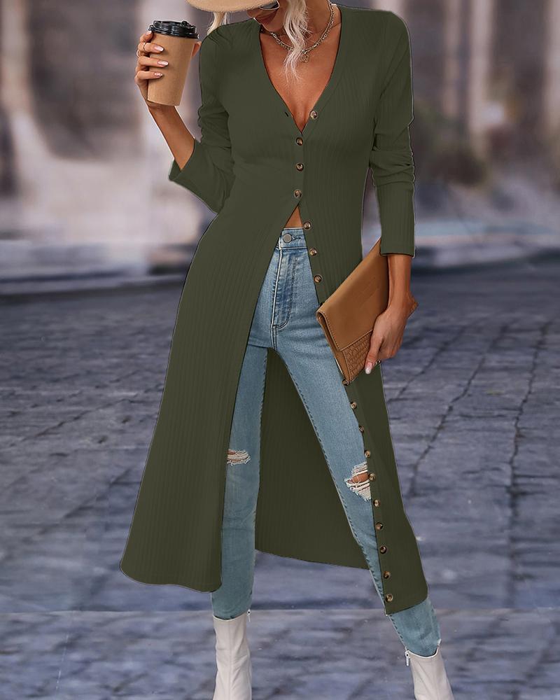 

Long Sleeve Buttoned Ribbed Longline Coat, Army green