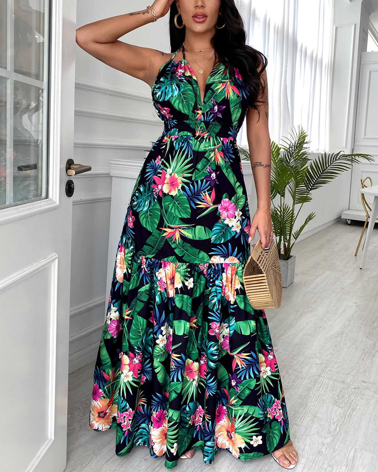 

Tropical Print Halter Backless Maxi Dress, Multicolor