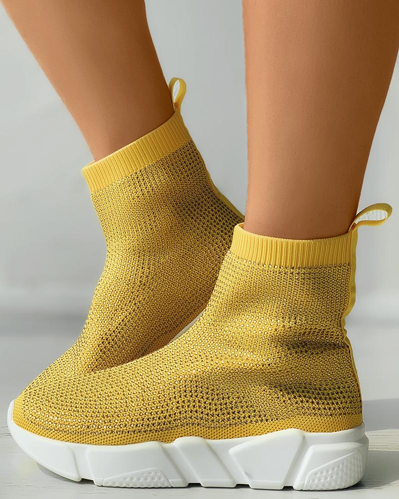 

Contrast Paneled Breathable Knit Casual Sneakers, Yellow