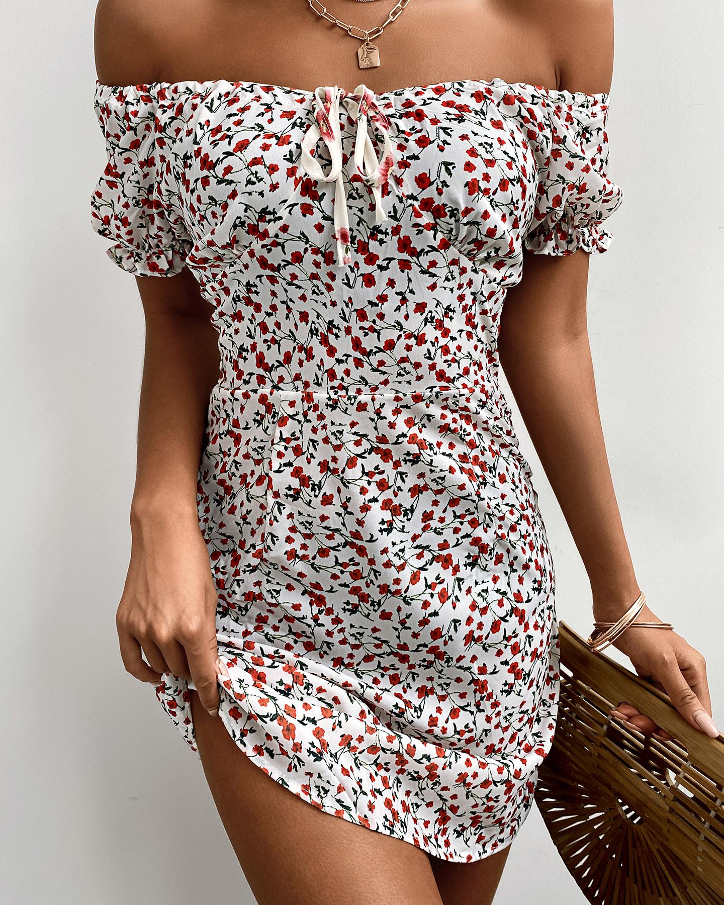 

Off Shoulder Short Sleeve Tie Front Floral Print Dress, Multicolor