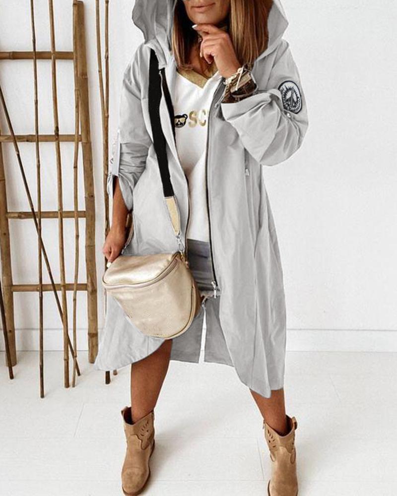 

Zipper Design Long Sleeve Hooded Longline Coat, Gray