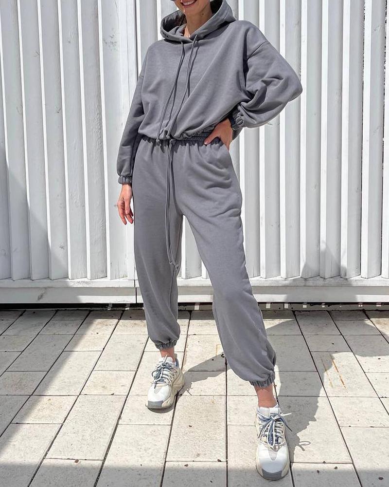 

Long Sleeve Hooded Sweatshirt & Pocket Design Pants Set, Gray