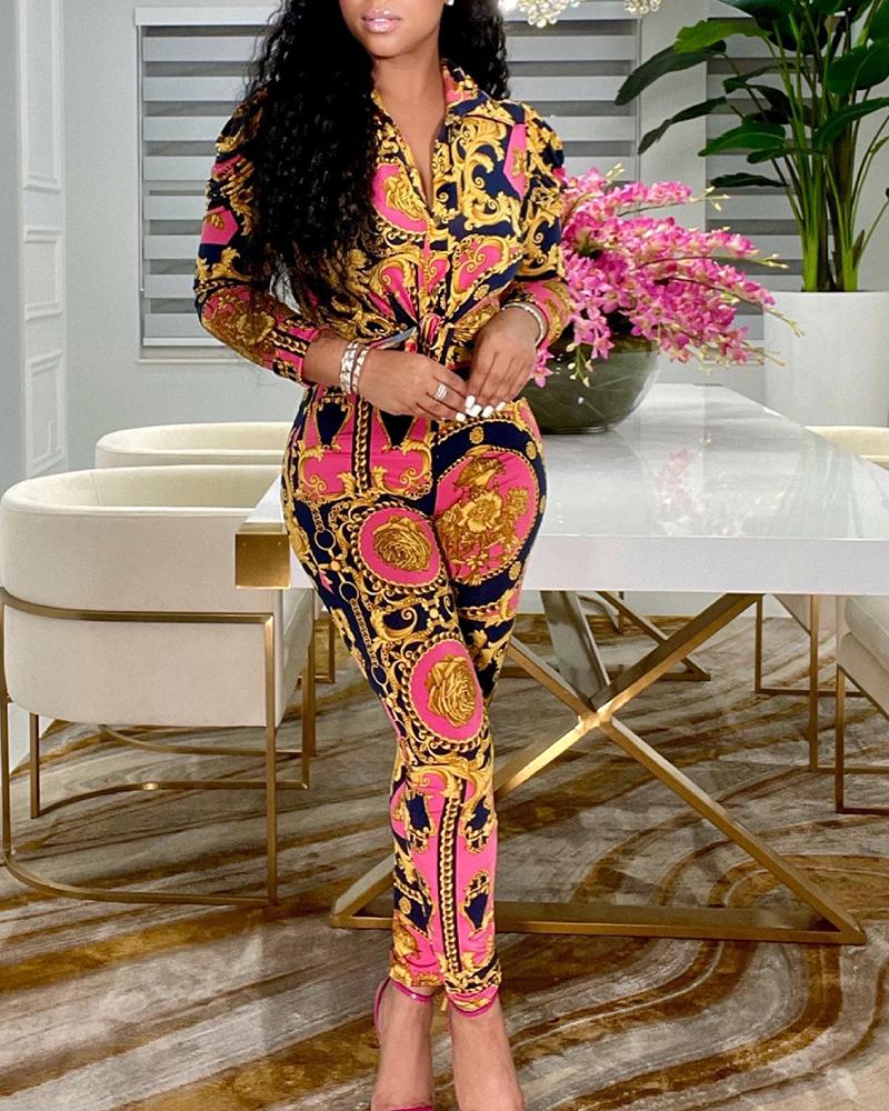 

Scarf Print Draped Detail Button Up Top & Skinny Pants Set, Hot pink