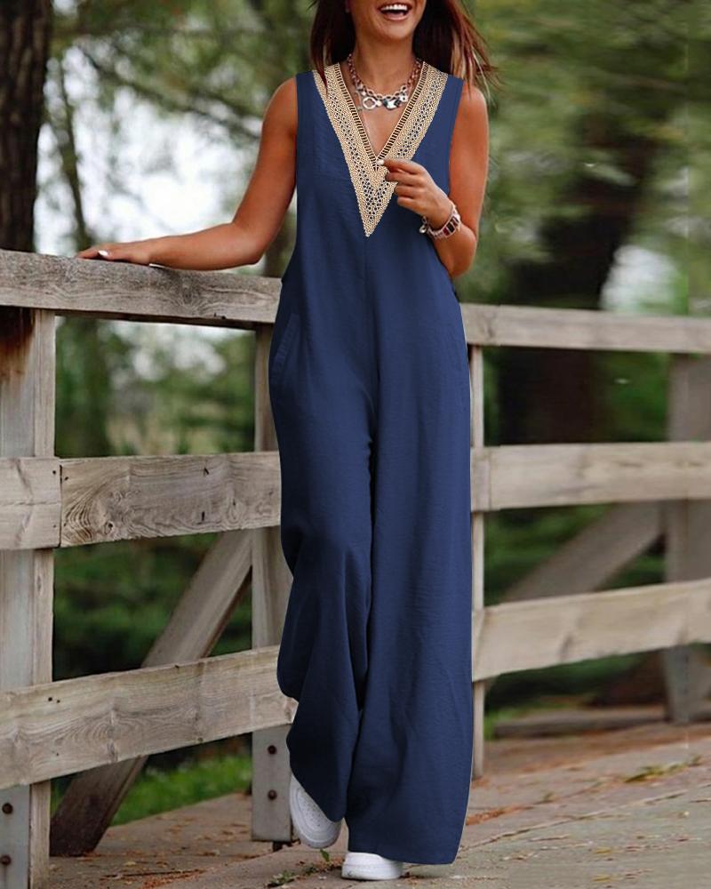 

Contrast Lace V-Neck Sleeveless Jumpsuit, Purplish blue