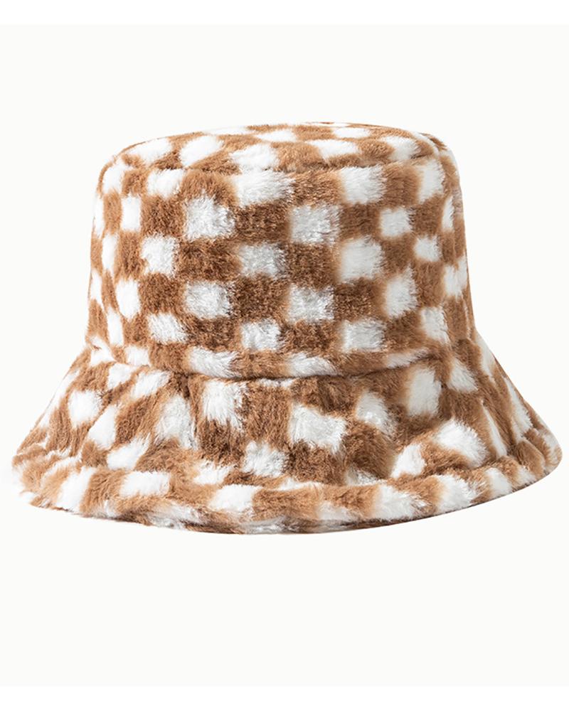 

Plaid Print Fluffy Bucket Hat, Khaki