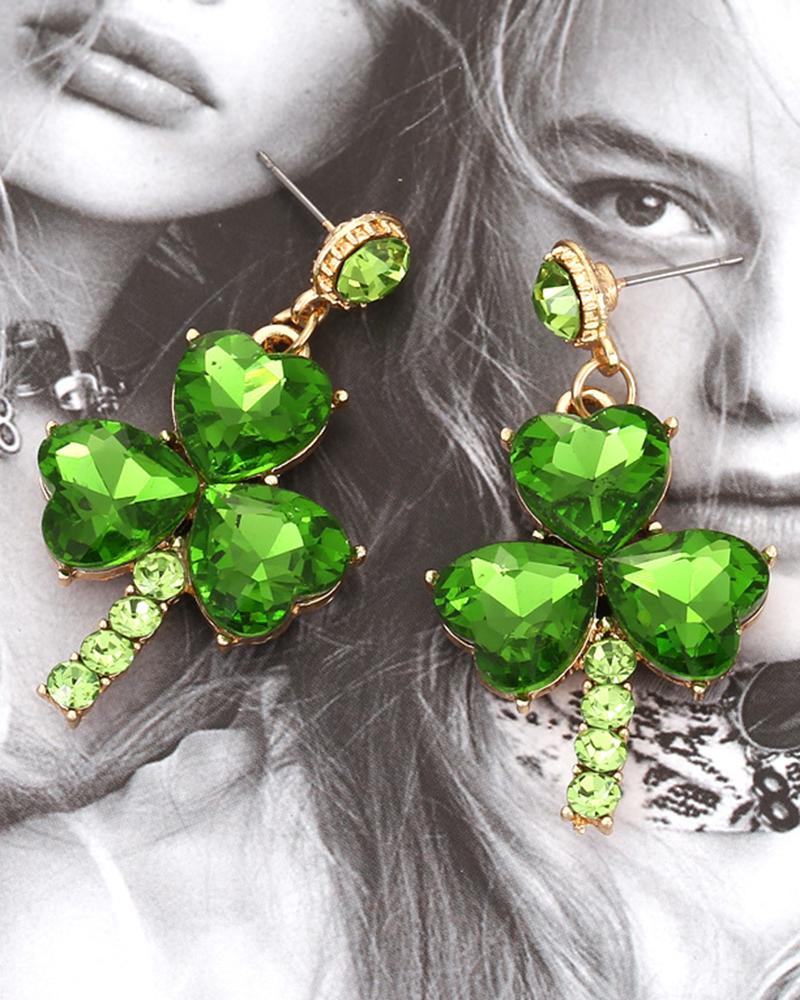 

1Pair St. Patrick's Day Crystal Heart-shaped Clover Drop Earrings, Green