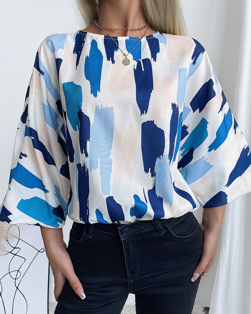 

Abstract Print Lantern Sleeve Round Neck Top, Multicolor