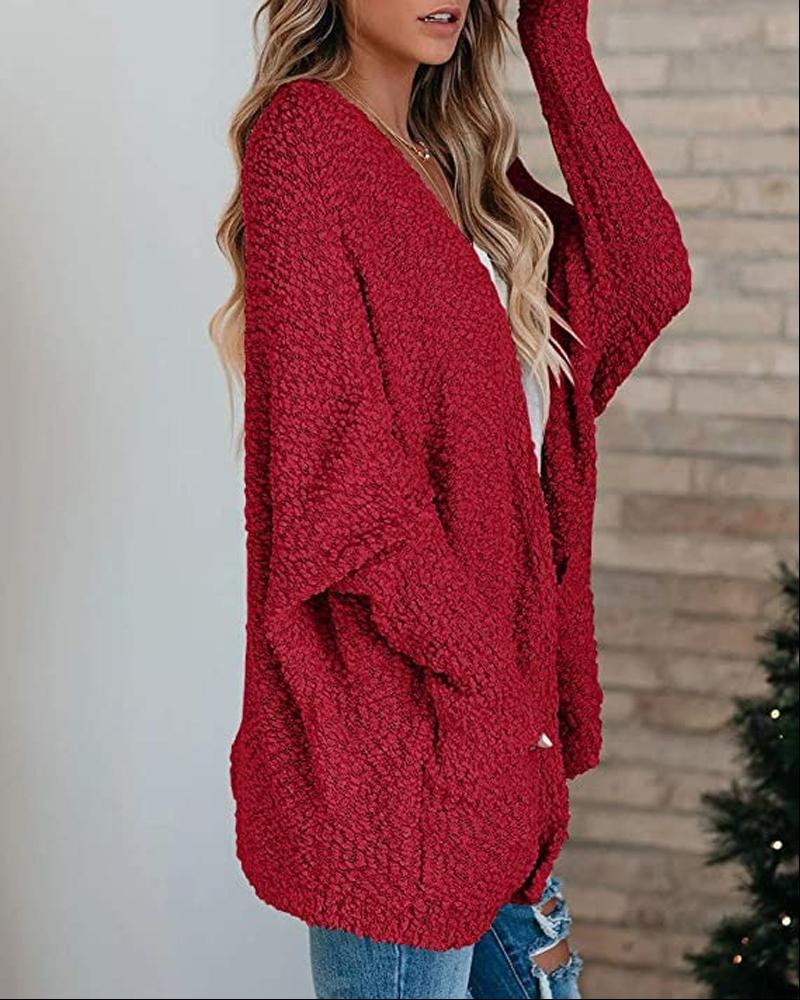 

Long Sleeve Pocket Detail Open Front Cardigan, Wine red