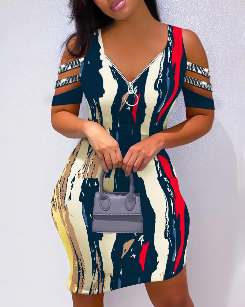 

Abstract Print Striped Cold Shoulder Bodycon Dress, Multicolor