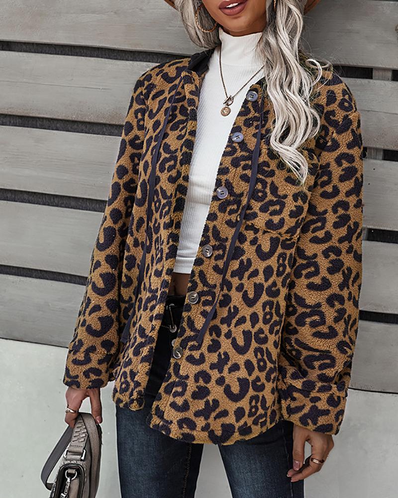 

Cheetah Print Button Design Teddy Coat, Brown