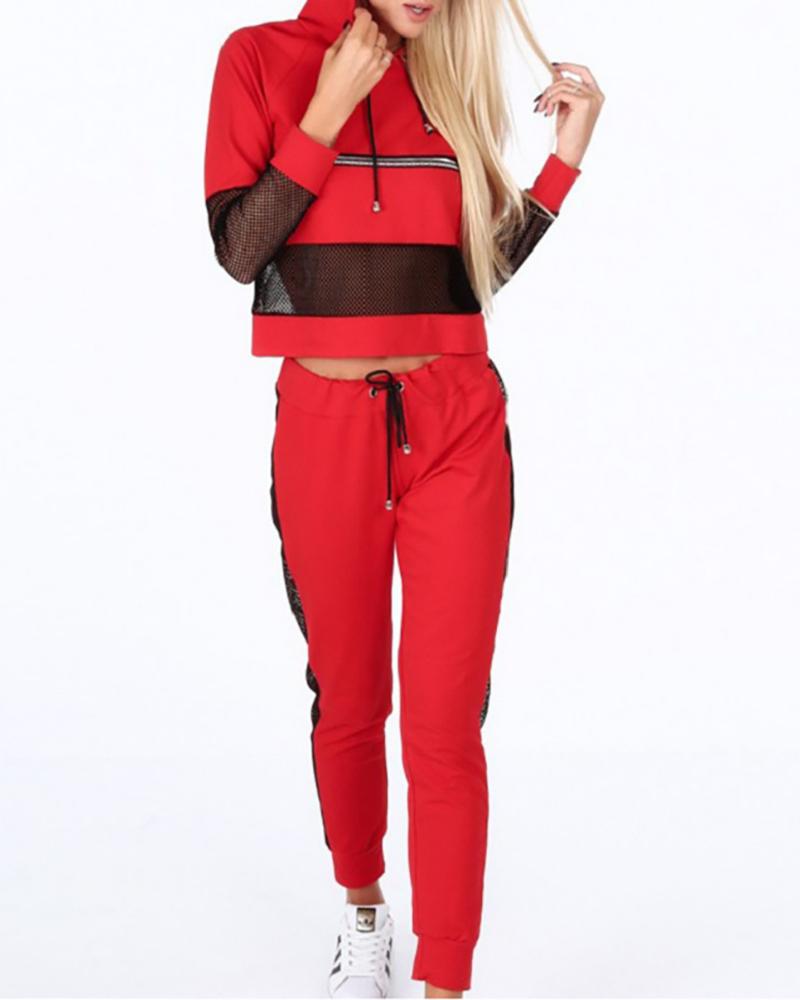 

Striped Colorblock Fishnet Hooded Top & Pants Set, Red