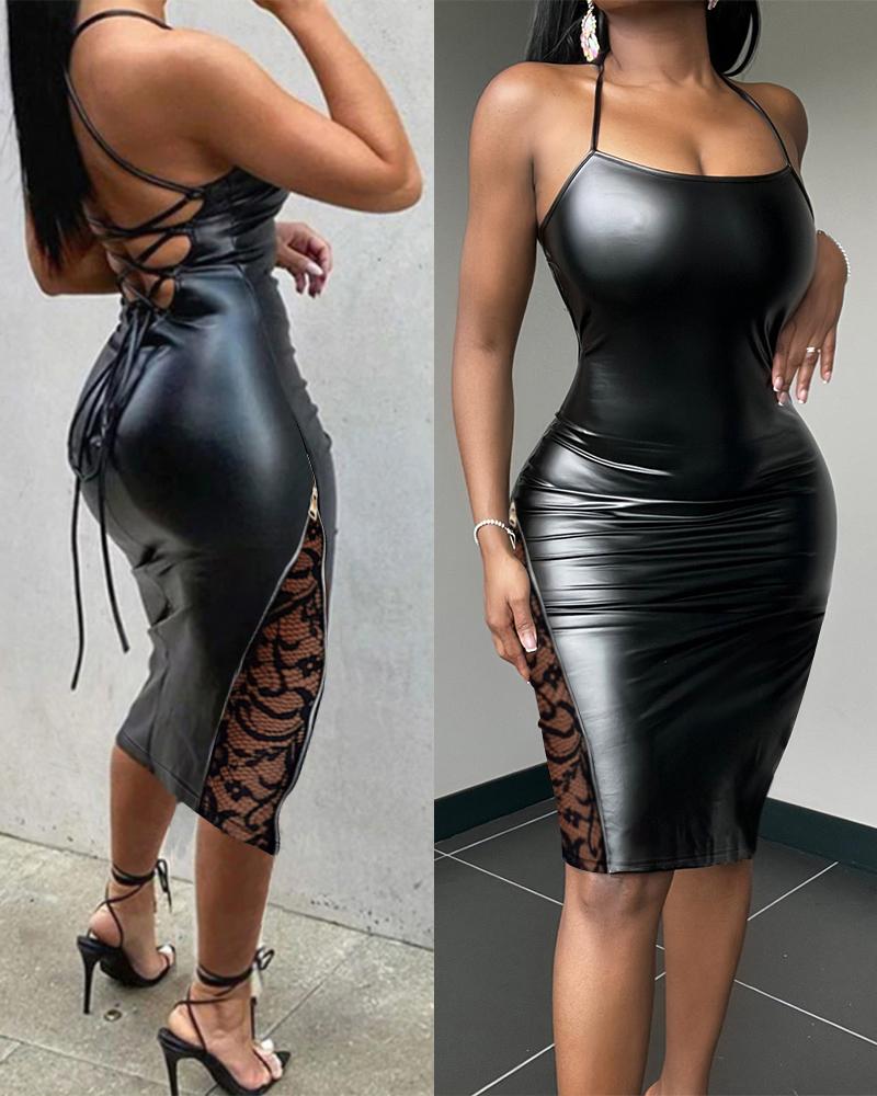 

PU Leather Lace-up Backless Bodycon Dress, Black