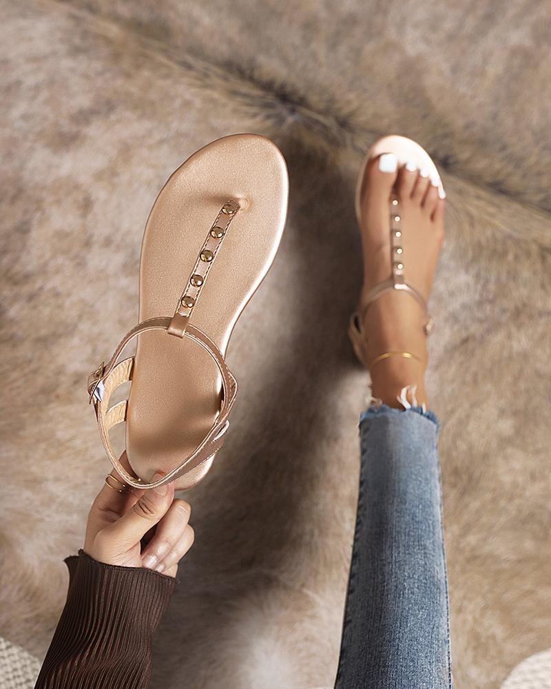 

Round-toe Solid Color T-band Toe Post Flat Sandals, Gold
