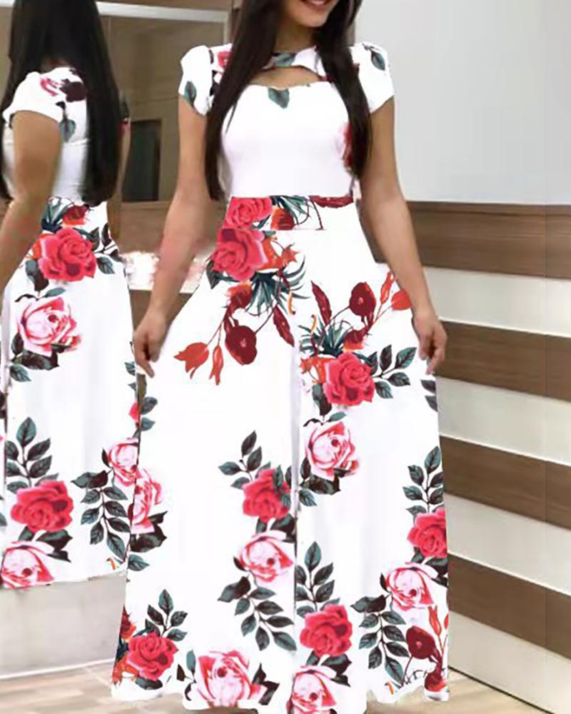 

Short Sleeve Cutout Print Maxi Women Dress, White