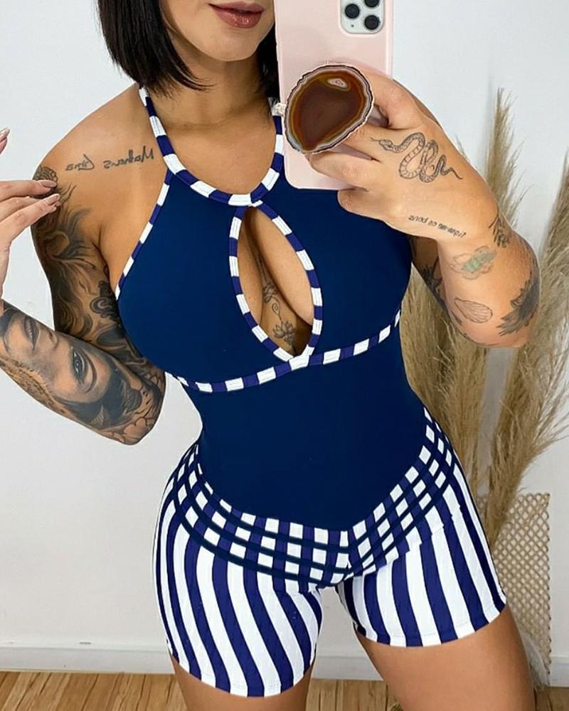 

Halter Cutout Striped Print Backless Active Romper, Dark blue