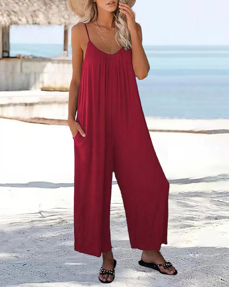

Pocket Detail Spaghetti Strap Jumpsuit, Red