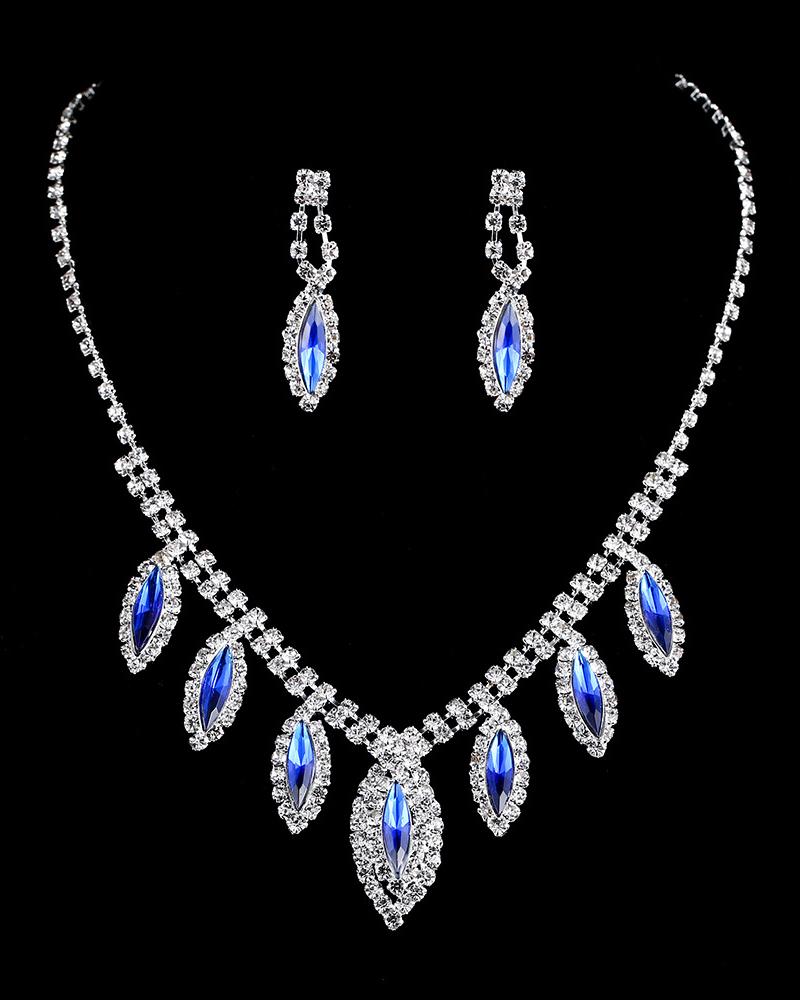 

2PCS Rhinestone Crystal Stone Tassel Pendant Necklace & Drop Earrings Wedding Bridal Jewelry Set, Blue